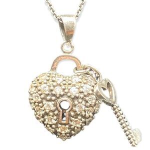 FAS sterling silver 925 CZ heart and key pendant 18” necklace